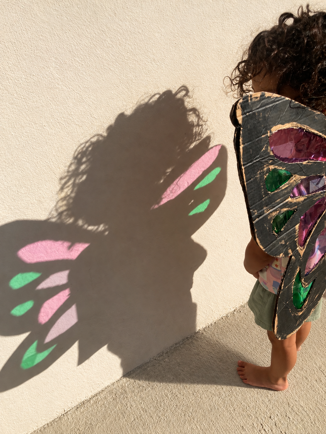 Niña con alas de mariposa y sombra de colores